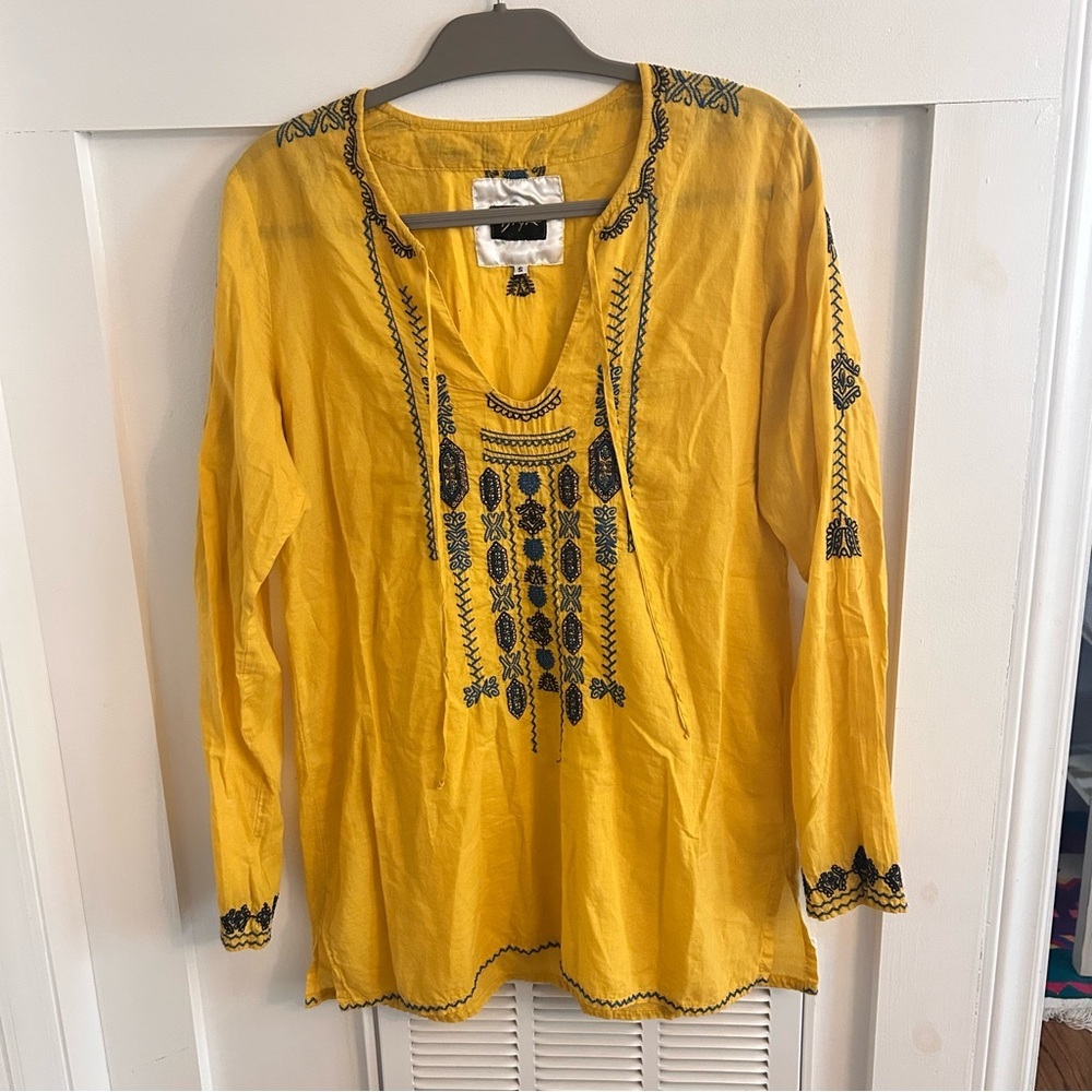 Biya Yellow Tunic embroidered tie closure v neck blouse